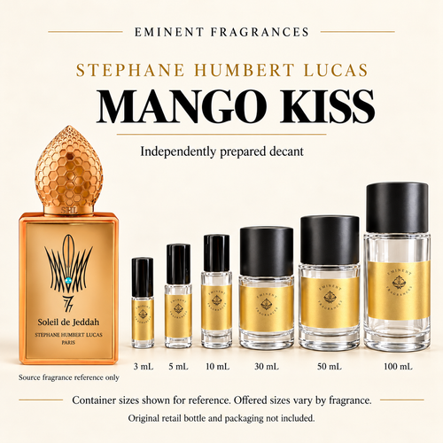 Stephane Humbert Lucas Mango Kiss Decant source fragrance bottle beside Eminent Fragrances decant lineup. Independent decant; original retail bottle and packaging not included.