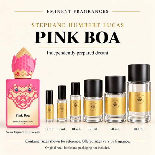 Stephane Humbert Lucas Pink Boa Decant source fragrance bottle beside Eminent Fragrances decant lineup. Independent decant; original retail bottle and packaging not included.