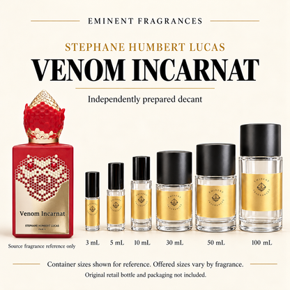 Stephane Humbert Lucas Venom Incarnat Decant source fragrance bottle beside Eminent Fragrances decant lineup. Independent decant; original retail bottle and packaging not included.