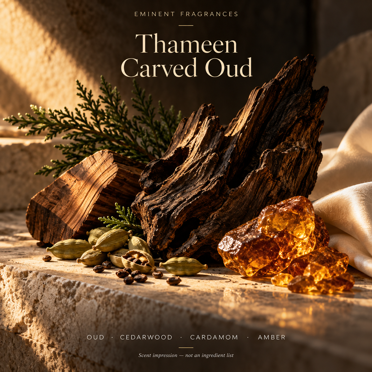 Thameen Carved Oud Decant scent-note artwork: Top notes: Cardamom, Cypriol, Cypress | Heart notes: Cedarwood, Patchouli, Oud | Base notes: Vetiver, Amber, Musk, Labdanum, Sandalwood. Artistic scent impression, not an ingredient list or items supplied.