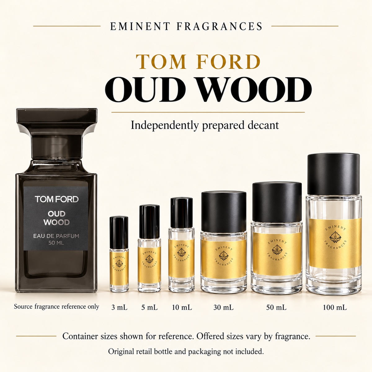 Tom Ford Oud Wood Decant source fragrance bottle beside Eminent Fragrances decant lineup. Independent decant; original retail bottle and packaging not included.