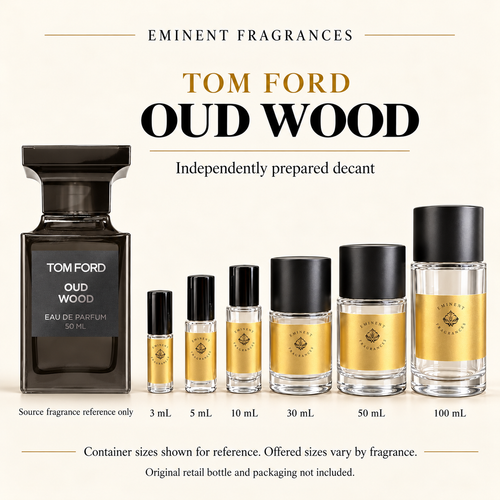 Tom Ford Oud Wood Decant source fragrance bottle beside Eminent Fragrances decant lineup. Independent decant; original retail bottle and packaging not included.
