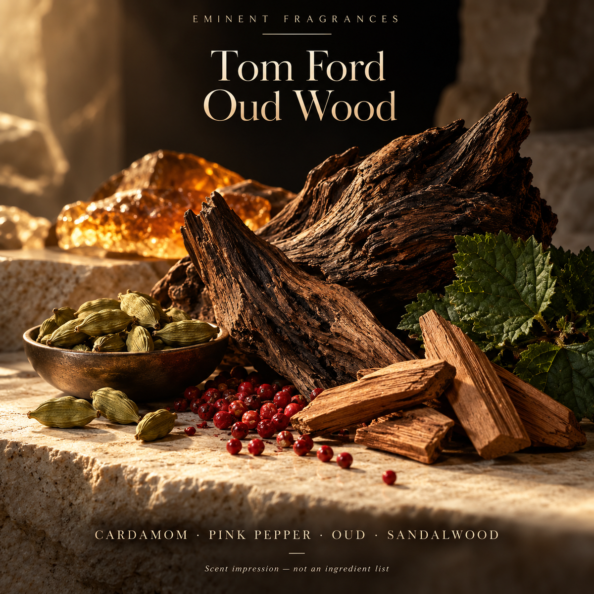 Tom Ford Oud Wood Decant scent-note artwork: Cardamom · Pink pepper · Patchouli · Amber · Oud · Tonka bean · Rosewood · Sandalwood · Vetiver. Artistic scent impression, not an ingredient list or items supplied.