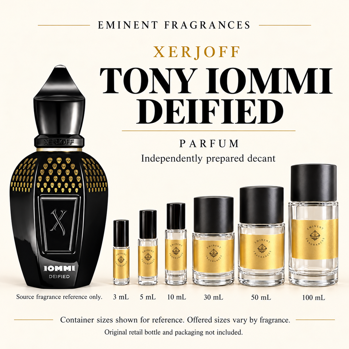 Xerjoff Tony Iommi Deified original bottle alongside Eminent Fragrances decant containers. Original retail bottle and packaging not included.