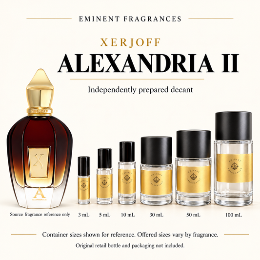 Xerjoff Alexandria II Decant source fragrance bottle beside Eminent Fragrances decant lineup. Independent decant; original retail bottle and packaging not included.