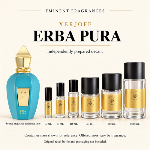Xerjoff Erba Pura source fragrance bottle beside Eminent Fragrances six-container decant lineup. Independently prepared decant; original retail bottle and packaging not included. Sizes shown for reference.