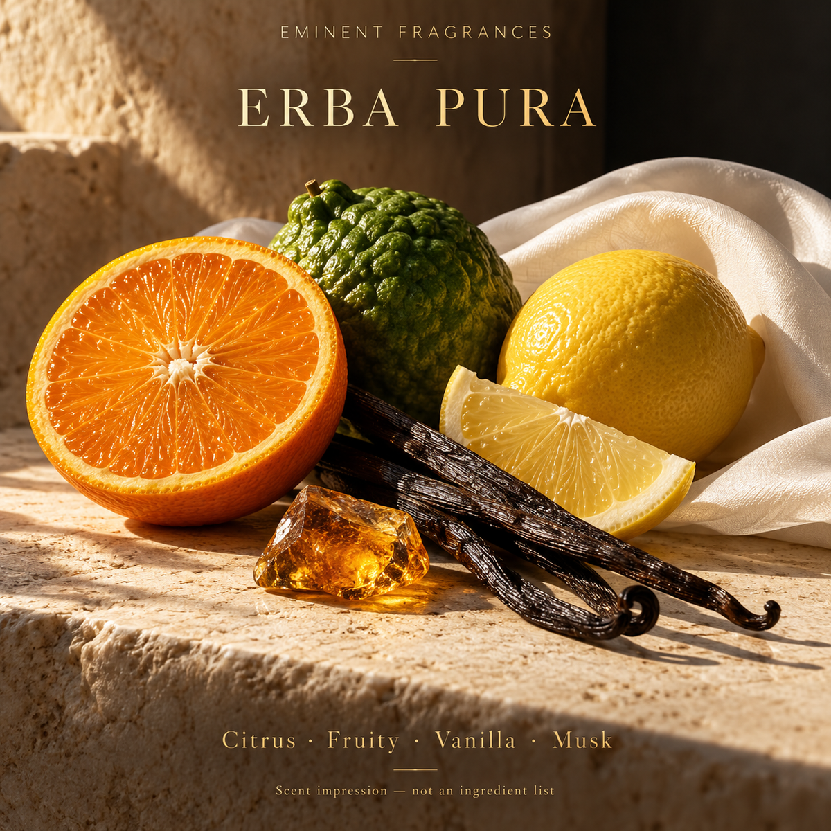 Xerjoff Erba Pura Decant scent-note artwork: Lemon • Bergamot • Orange • Fruits • Amber • Vanilla • Musk. Artistic scent impression, not an ingredient list or items supplied.
