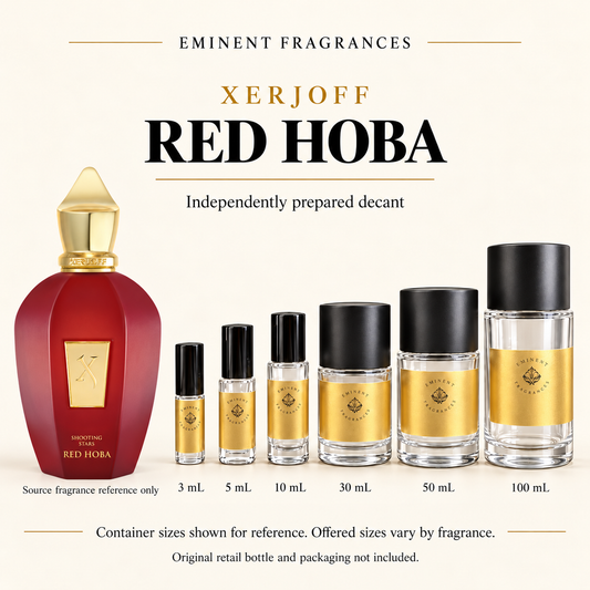 Xerjoff Red Hoba Decant source fragrance bottle beside Eminent Fragrances decant lineup. Independent decant; original retail bottle and packaging not included.