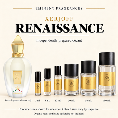 Xerjoff Renaissance Decant source fragrance bottle beside Eminent Fragrances decant lineup. Independent decant; original retail bottle and packaging not included.