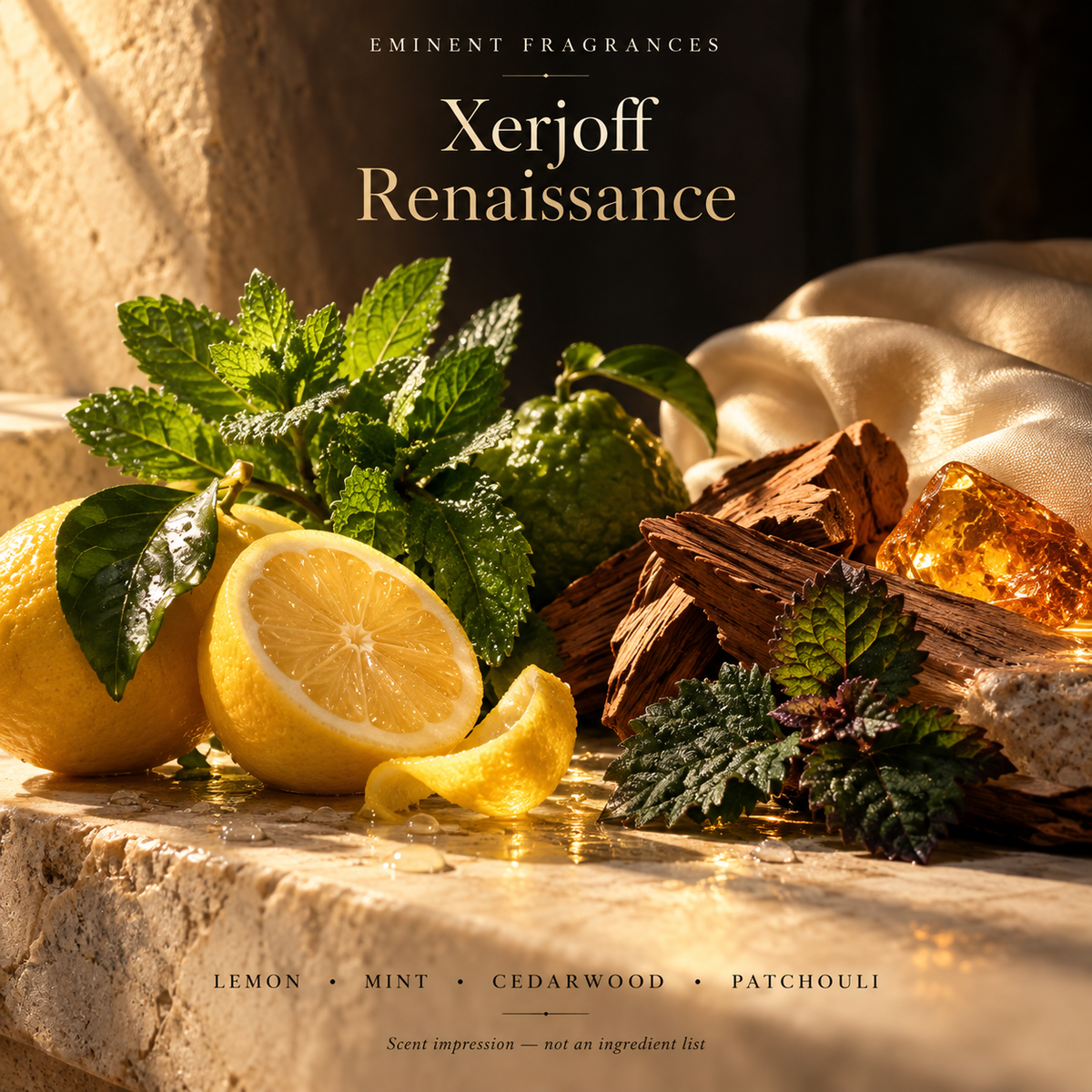 Xerjoff Renaissance Decant scent-note artwork: Lemon • Mandarin • Bergamot • Mint • Lily of the valley • Rose • Cedarwood • Patchouli • Amber • Musk. Artistic scent impression, not an ingredient list or items supplied.