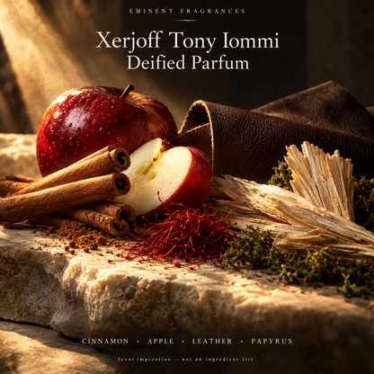 Xerjoff Tony Iommi Deified Parfum Decant scent-note artwork: Top: Cinnamon, apple, saffron | Heart: Leather, rose | Base: Papyrus, patchouli, moss, musk. Artistic scent impression, not an ingredient list or items supplied.