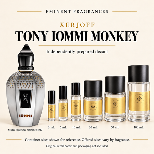 Xerjoff Tony Iommi Monkey Decant source fragrance bottle beside Eminent Fragrances decant lineup. Independent decant; original retail bottle and packaging not included.