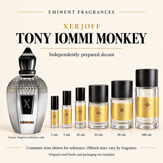 Xerjoff Tony Iommi Monkey Decant source fragrance bottle beside Eminent Fragrances decant lineup. Independent decant; original retail bottle and packaging not included.