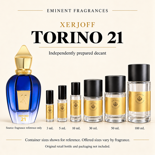 Xerjoff Torino 21 Decant source fragrance bottle beside Eminent Fragrances decant lineup. Independent decant; original retail bottle and packaging not included.