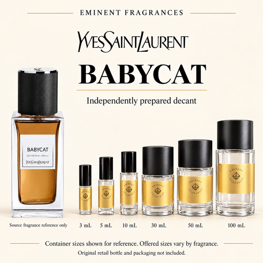 Yves Saint Laurent Babycat Decant source fragrance bottle beside Eminent Fragrances decant lineup. Independent decant; original retail bottle and packaging not included.