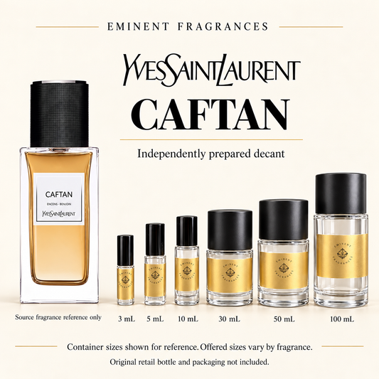 Yves Saint Laurent Caftan Decant source fragrance bottle beside Eminent Fragrances decant lineup. Independent decant; original retail bottle and packaging not included.