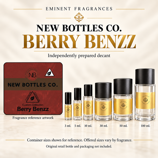 New Bottles Co. Berry Benzz fragrance reference artwork alongside six Eminent Fragrances decant containers. Container sizes for reference; offered sizes vary. Original retail bottle and packaging not included.