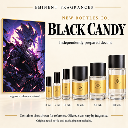 New Bottles Co. Black Candy fragrance reference artwork alongside six Eminent Fragrances decant containers. Container sizes for reference; offered sizes vary. Original retail bottle and packaging not included.