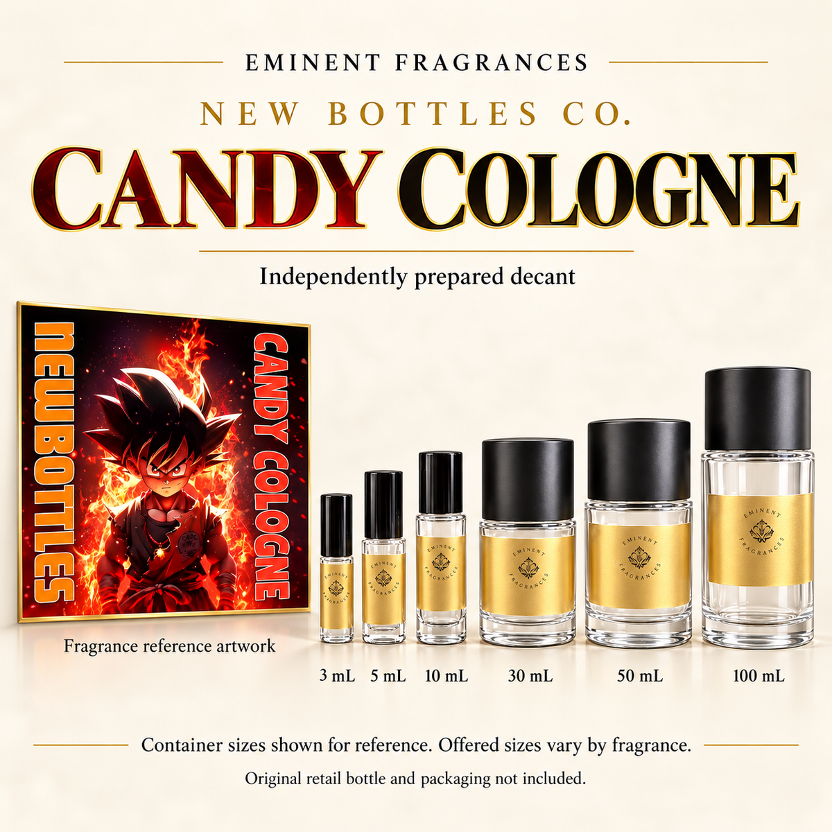 New Bottles Co. Candy Cologne fragrance reference artwork alongside six Eminent Fragrances decant containers. Container sizes for reference; offered sizes vary. Original retail bottle and packaging not included.