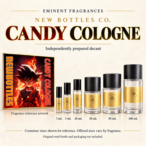 New Bottles Co. Candy Cologne fragrance reference artwork alongside six Eminent Fragrances decant containers. Container sizes for reference; offered sizes vary. Original retail bottle and packaging not included.