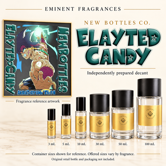New Bottles Co. Elayted Candy fragrance reference artwork alongside six Eminent Fragrances decant containers. Container sizes for reference; offered sizes vary. Original retail bottle and packaging not included.