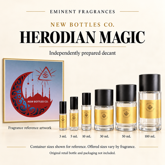 New Bottles Co. Herodian Magic fragrance reference artwork alongside six Eminent Fragrances decant containers. Container sizes for reference; offered sizes vary. Original retail bottle and packaging not included.
