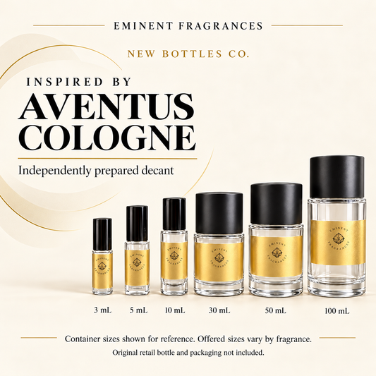 New Bottles Co. Inspired by Aventus Cologne fragrance reference artwork alongside six Eminent Fragrances decant containers. Container sizes for reference; offered sizes vary. Original retail bottle and packaging not included.