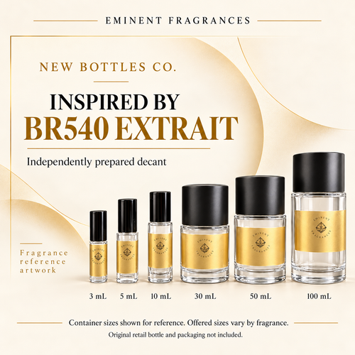 New Bottles Co. Inspired by BR540 Extrait fragrance reference artwork alongside six Eminent Fragrances decant containers. Container sizes for reference; offered sizes vary. Original retail bottle and packaging not included.