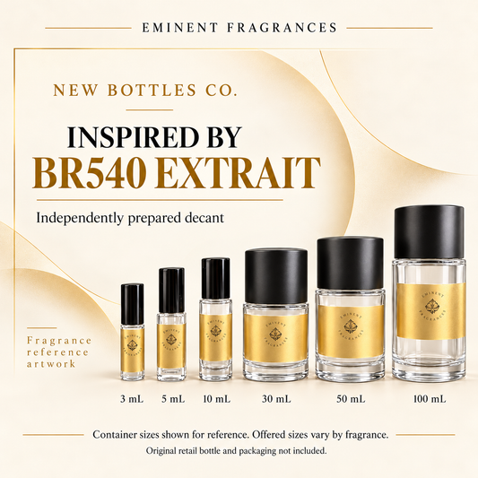 New Bottles Co. Inspired by BR540 Extrait fragrance reference artwork alongside six Eminent Fragrances decant containers. Container sizes for reference; offered sizes vary. Original retail bottle and packaging not included.