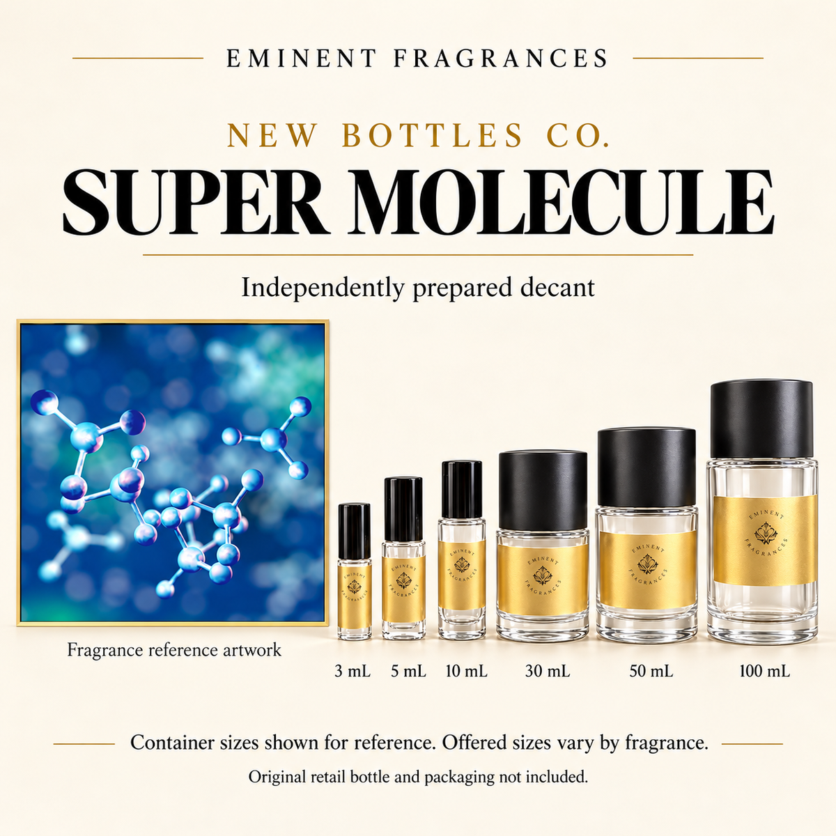 New Bottles Co. Super Molecule fragrance reference artwork alongside six Eminent Fragrances decant containers. Container sizes for reference; offered sizes vary. Original retail bottle and packaging not included.