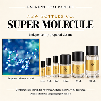 New Bottles Co. Super Molecule fragrance reference artwork alongside six Eminent Fragrances decant containers. Container sizes for reference; offered sizes vary. Original retail bottle and packaging not included.