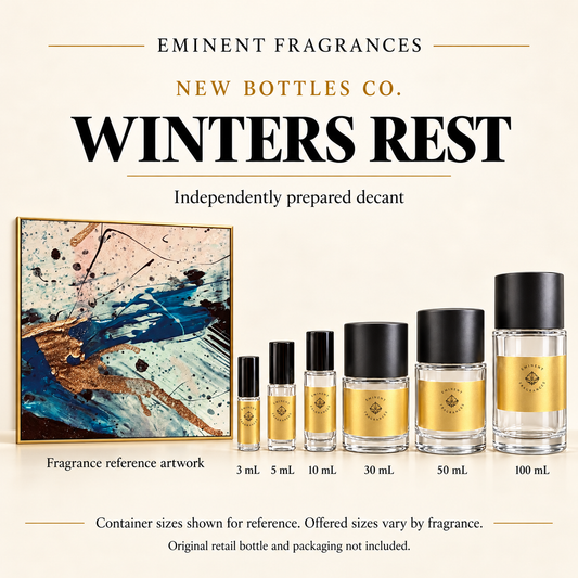 New Bottles Co. Winters Rest fragrance reference artwork alongside six Eminent Fragrances decant containers. Container sizes for reference; offered sizes vary. Original retail bottle and packaging not included.